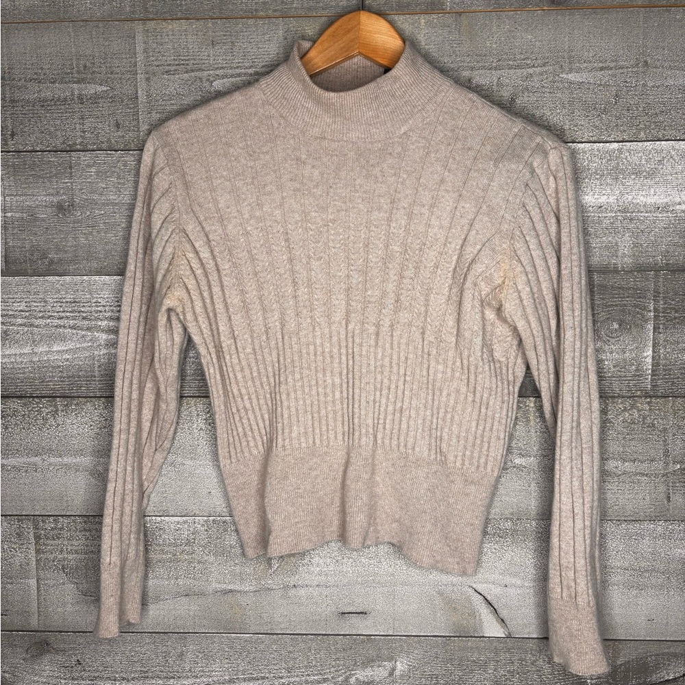 Lambswool cashmere angora rabbit hair Women's Cream Ribbed Mock Neck Sweater